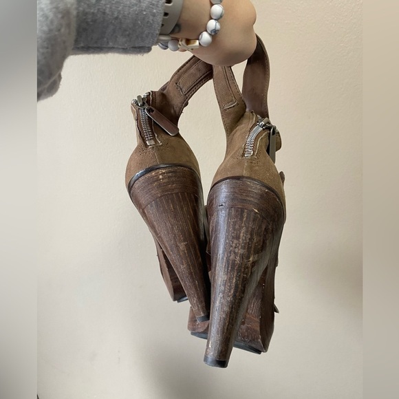 All Saints Strappy Suede Block Heel Open Toed Platform Pumps - Picture 3 of 8